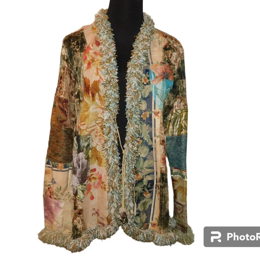 Lee Anderson Linen/Silk Blend Jacket Embroidered Tie Front Size Medium Vintage - Picture 4 of 13